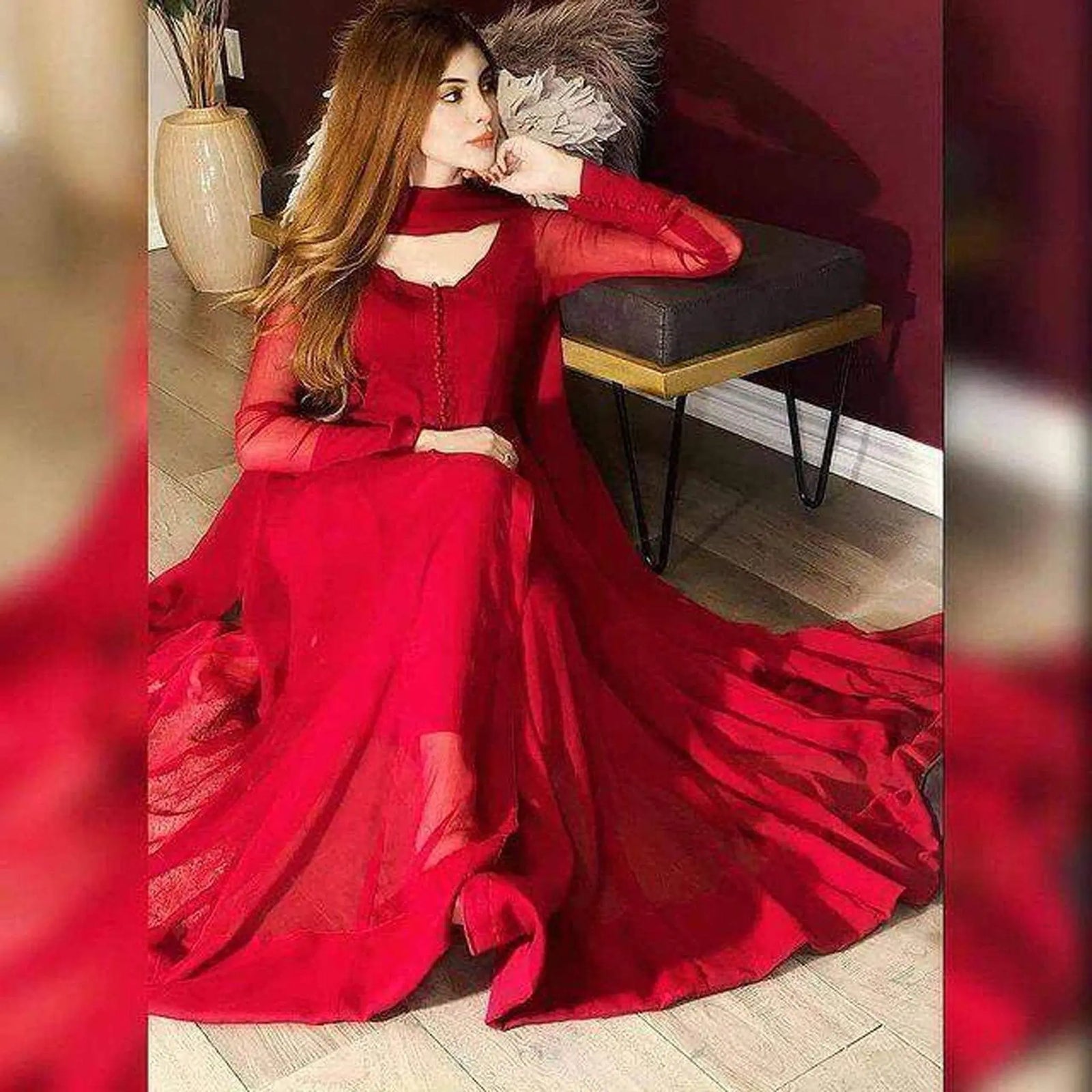 Red Georgette Anarkali Suit with Dupatta Set for Casual Party Wedding ClothsVilla