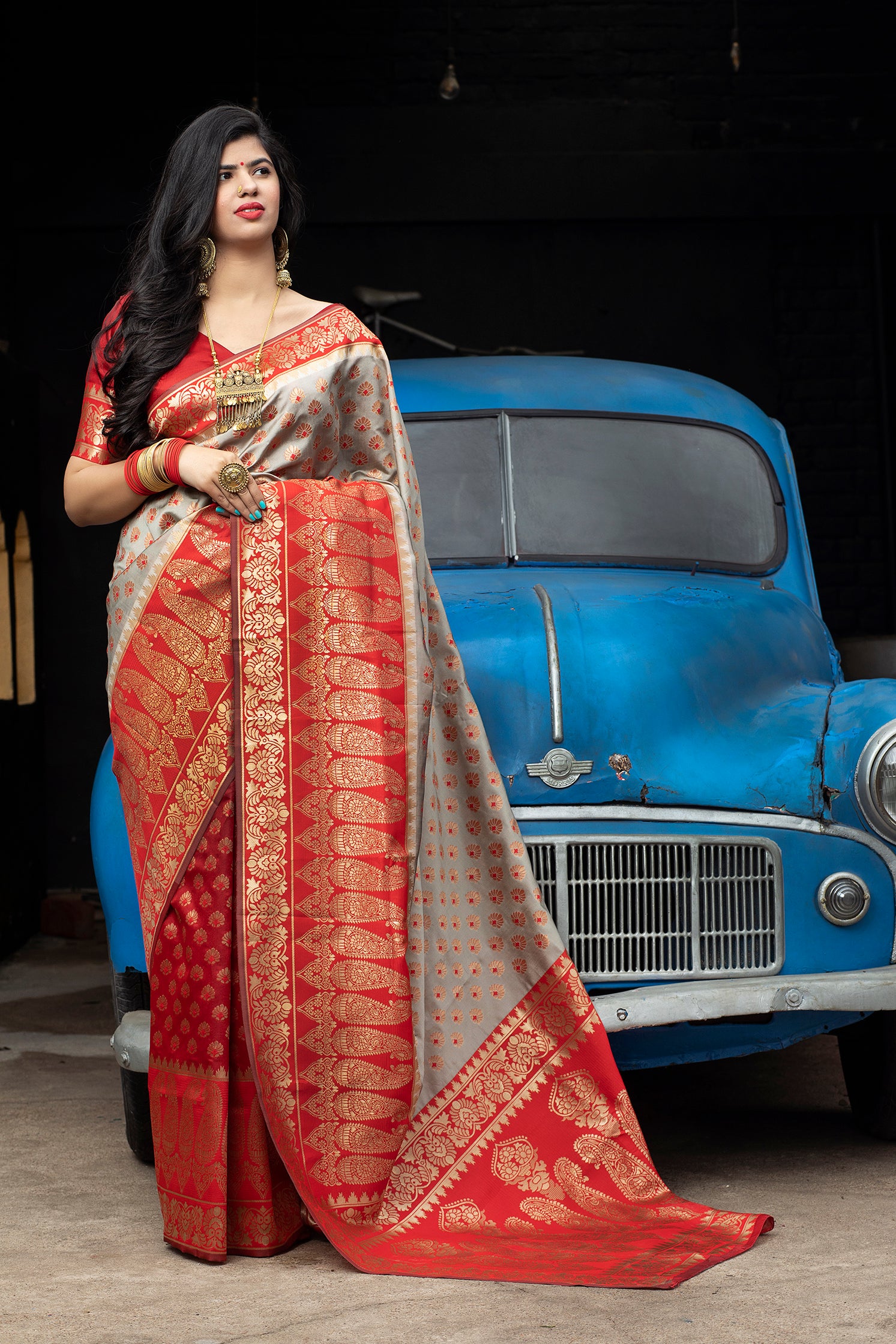 Red-Grey Banarasi Silk Festival Wear Saree With Blouse ClothsVilla Main image