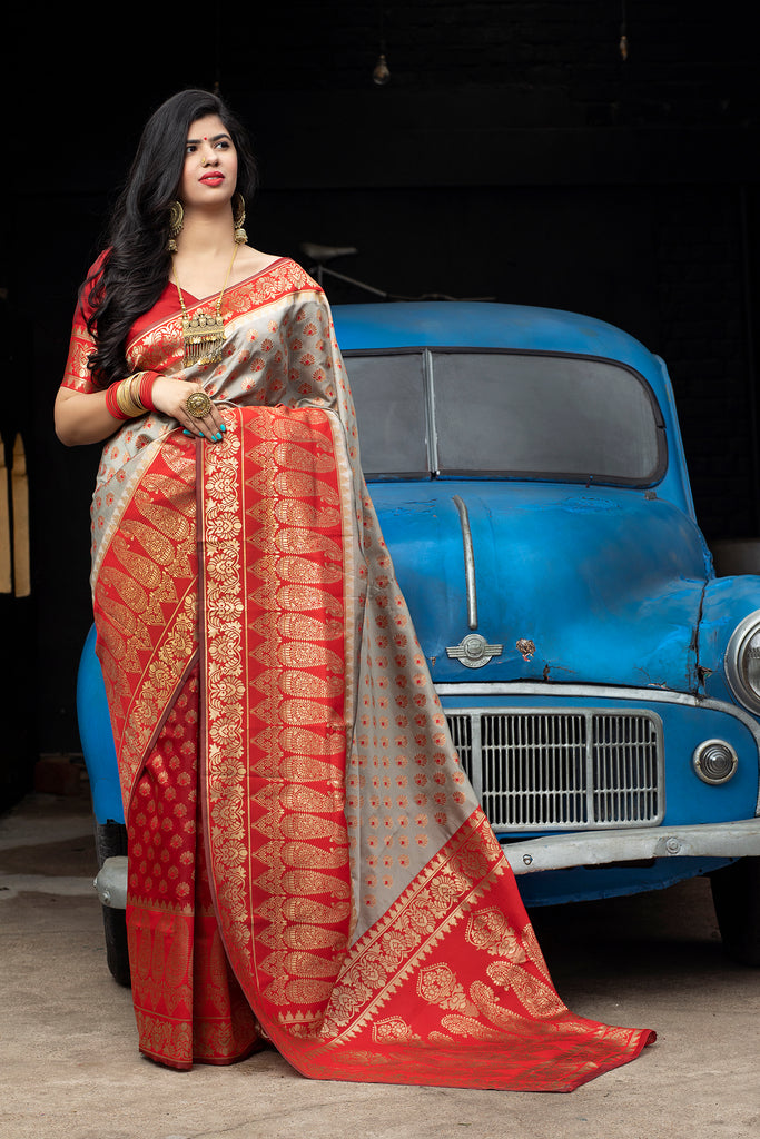 Red-Grey Banarasi Silk Festival Wear Saree With Blouse ClothsVilla