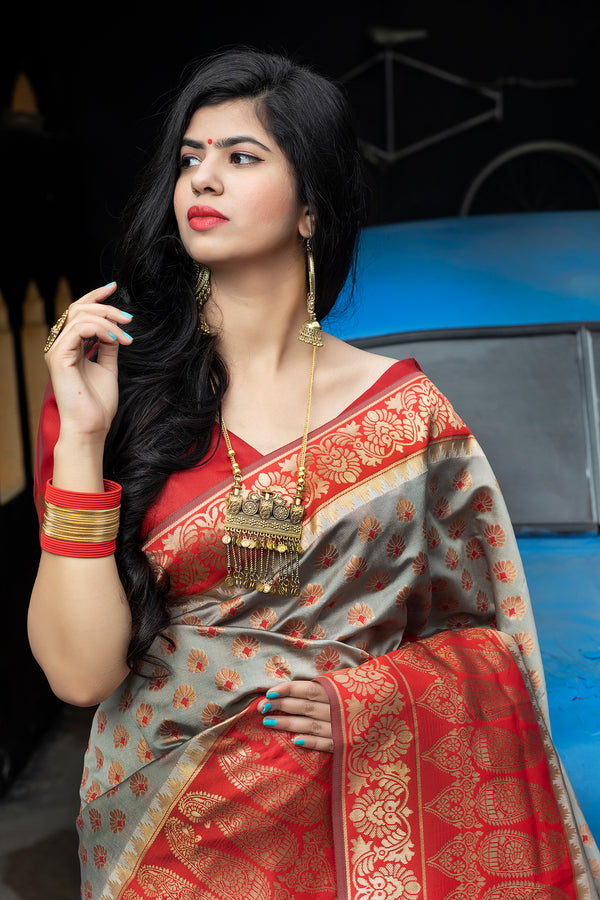 Red-Grey Banarasi Silk Festival Wear Saree With Blouse ClothsVilla