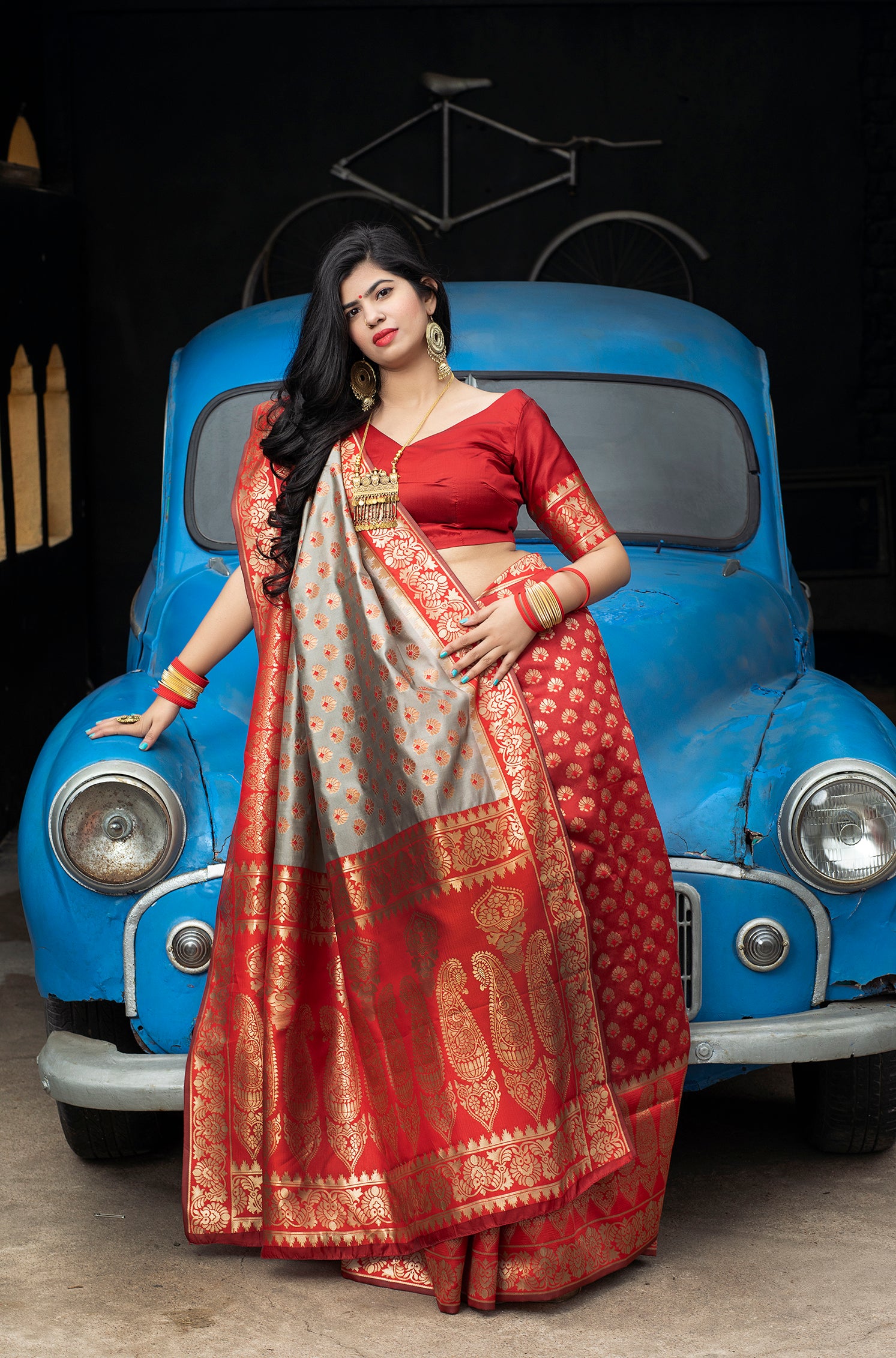 Red-Grey Banarasi Silk Festival Wear Saree With Blouse ClothsVilla