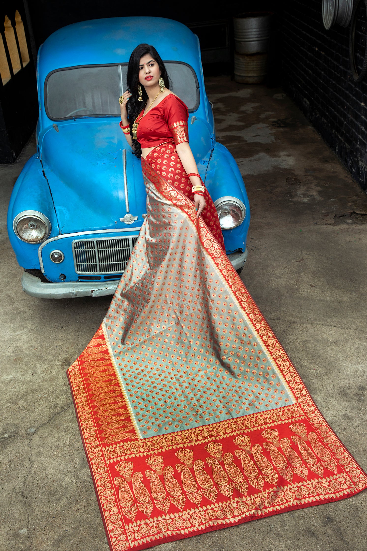 Red-Grey Banarasi Silk Festival Wear Saree With Blouse ClothsVilla