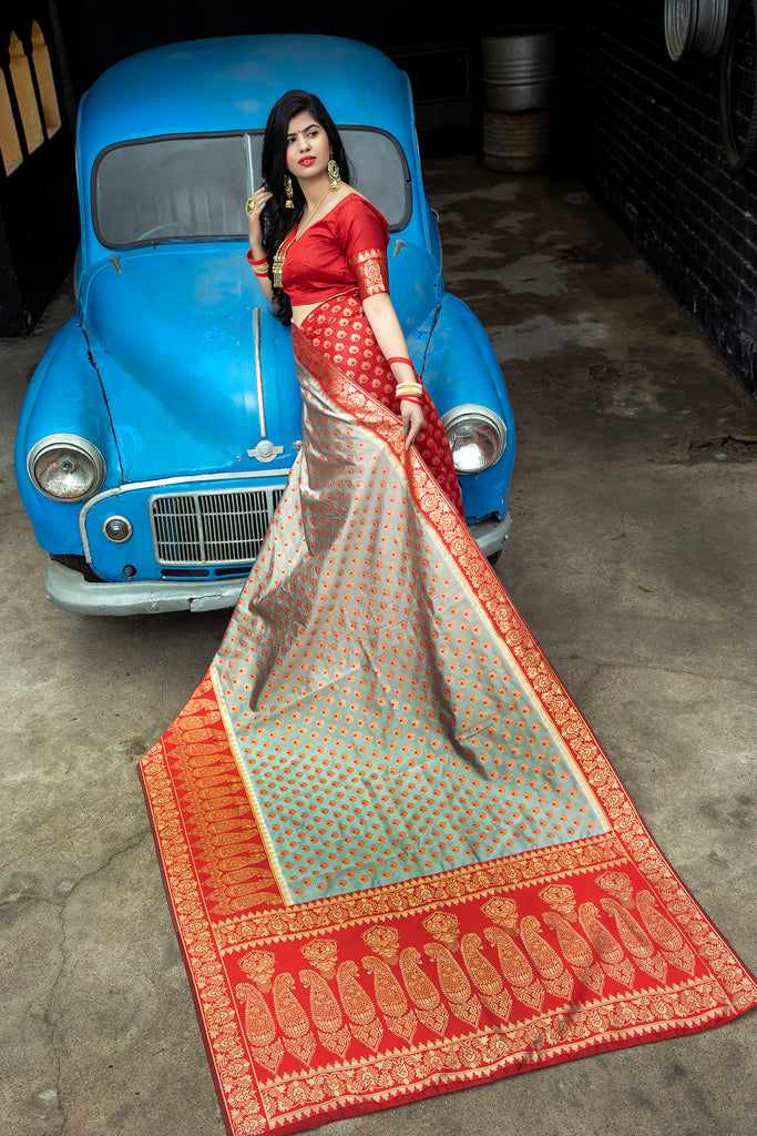 Red-Grey Banarasi Silk Festival Wear Saree With Blouse ClothsVilla