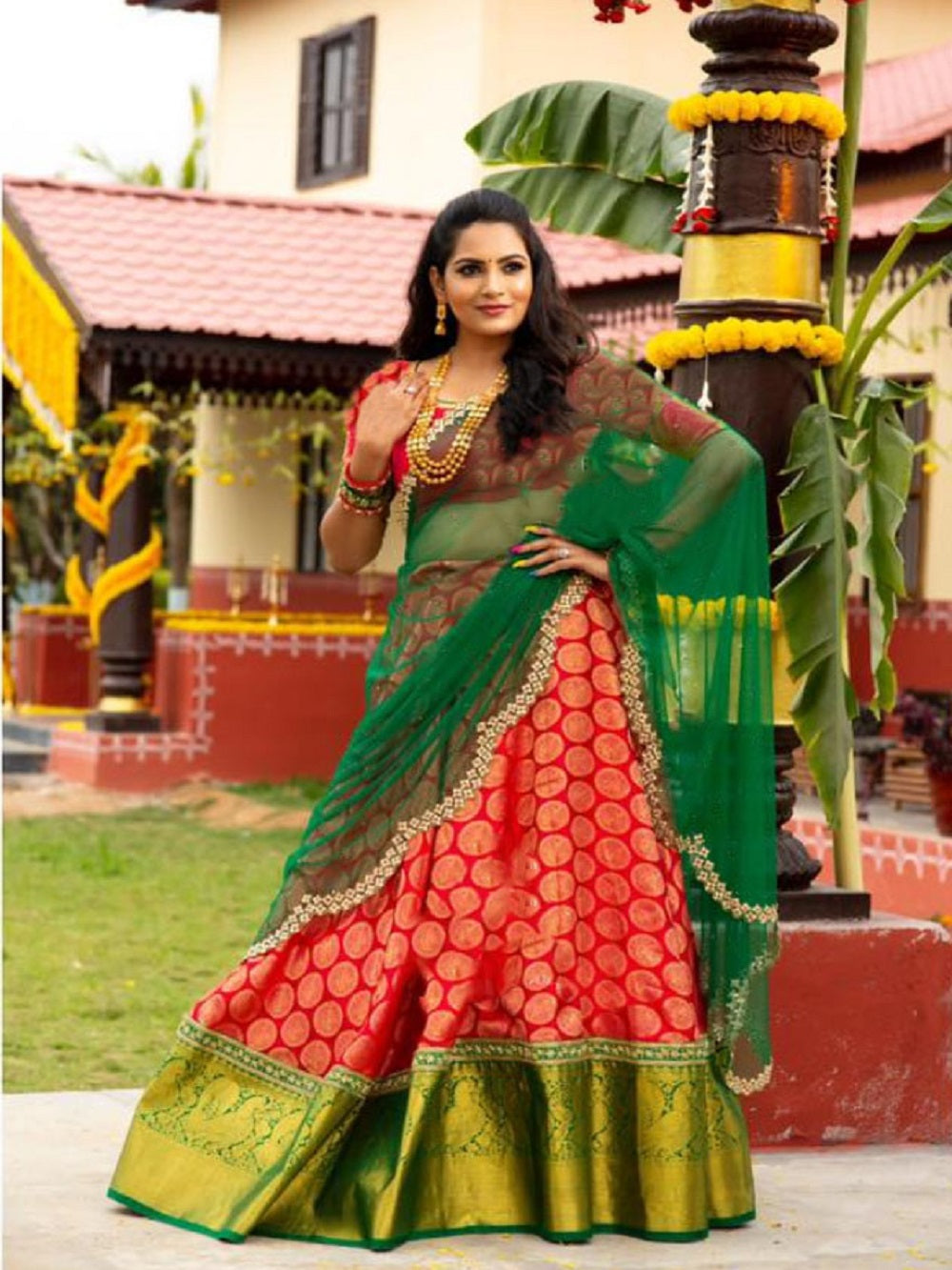 Buy Cream Banarasi Silk Half Saree Lehenga Choli from EthnicPlus