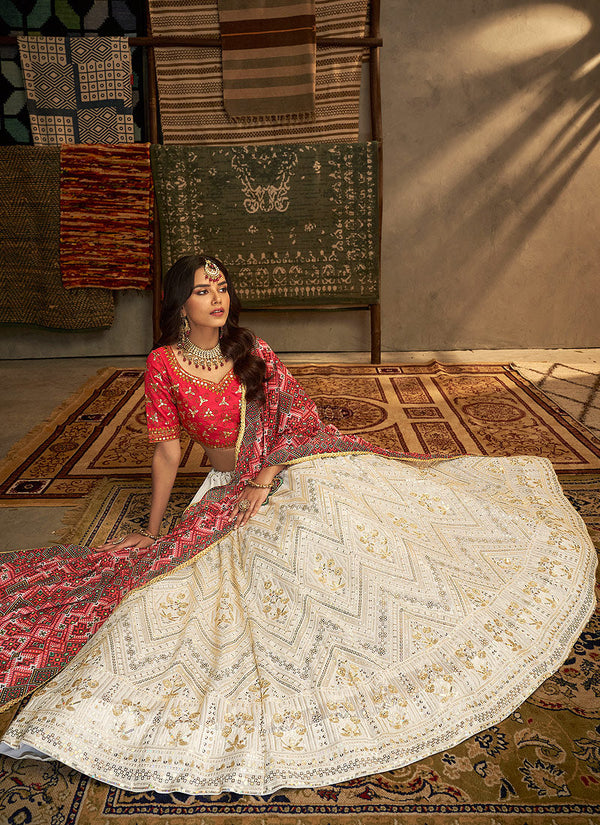 Red And White Stylish Embroidered Lehenga Choli Clothsvilla