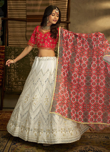 Red And White Stylish Embroidered Lehenga Choli Clothsvilla