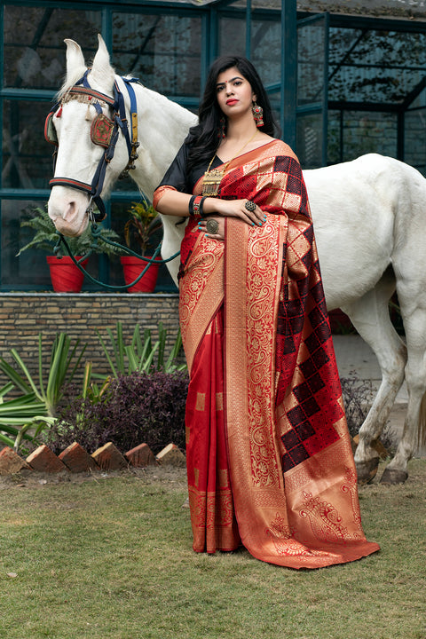 Red Banarasi Silk Festival Wear Saree With Blouse ClothsVilla Main image