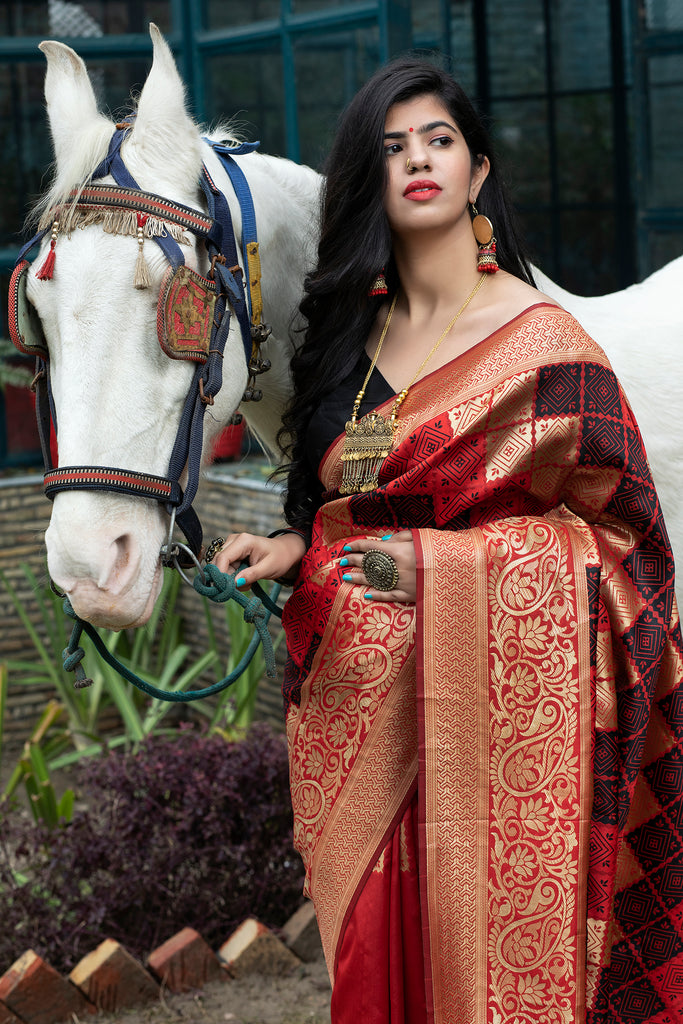 Red Banarasi Silk Festival Wear Saree With Blouse ClothsVilla