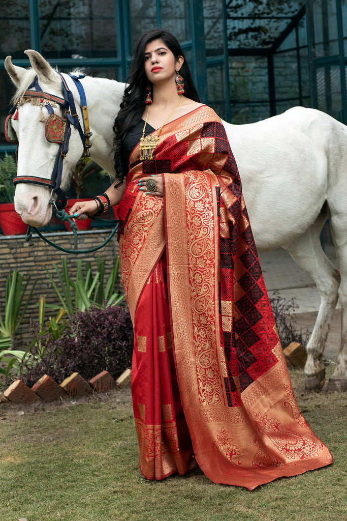 Red Banarasi Silk Festival Wear Saree With Blouse ClothsVilla