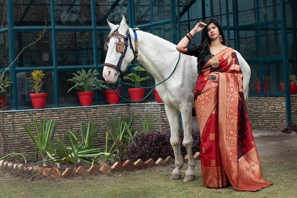 Red Banarasi Silk Festival Wear Saree With Blouse ClothsVilla