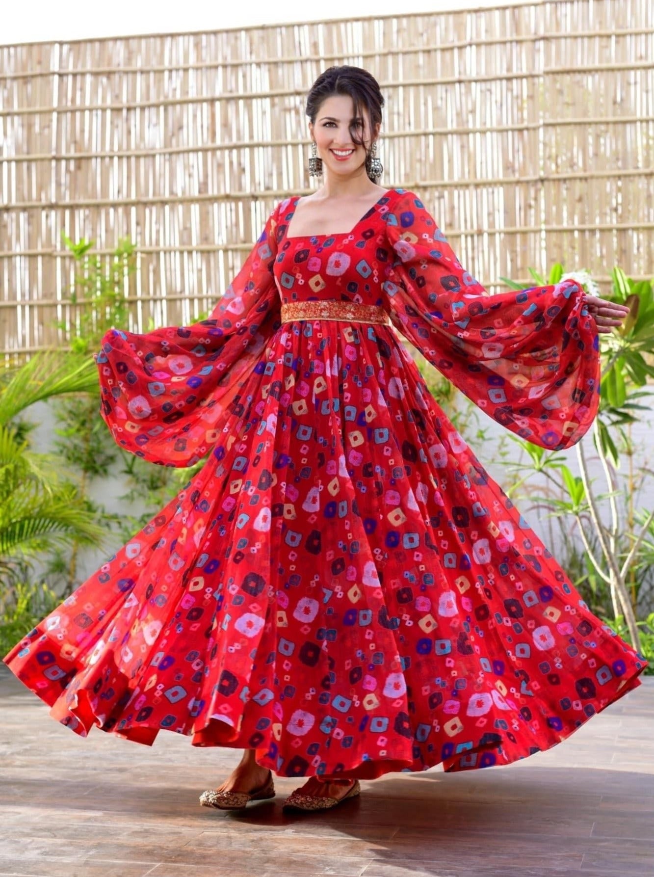 Red Georgette Designer Pleated Gown 164GW05