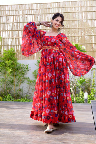 Red Color Trendy Georgette Floral Print Women's Gown ClothsVilla