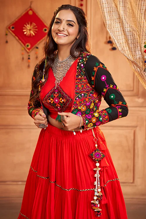 Buy Touch Trends Red Colour Gold-Toned Thread Embroidered Semi-Stitched  Lehenga & Unstitched Blouse with Dupatta at Amazon.in