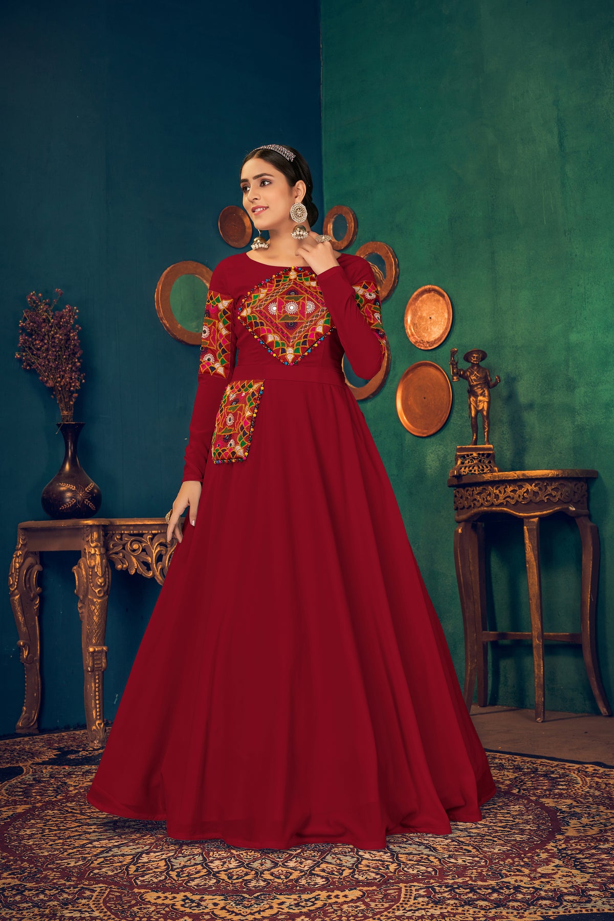 Red Embroidered Georgette Evening Long Gown Semi Stitched ClothsVilla Main image