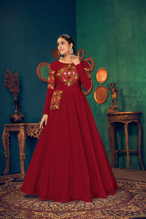 Red Embroidered Georgette Evening Long Gown Semi Stitched ClothsVilla Main image