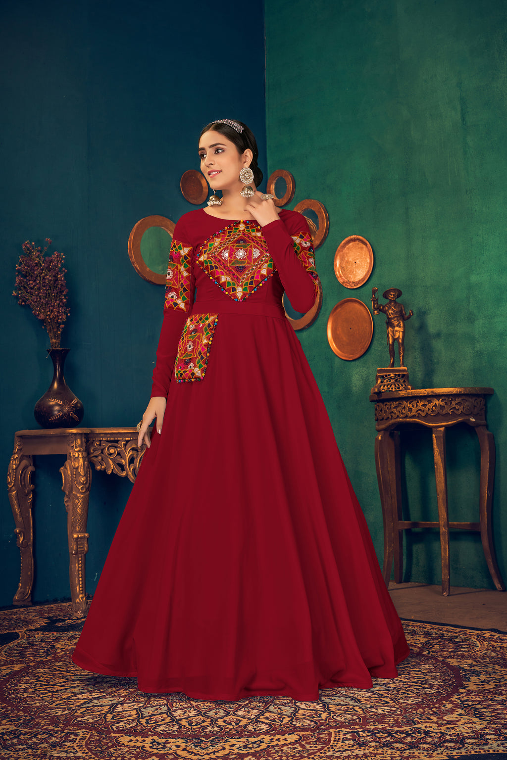 Red Embroidered Georgette Evening Long Gown Semi Stitched ClothsVilla