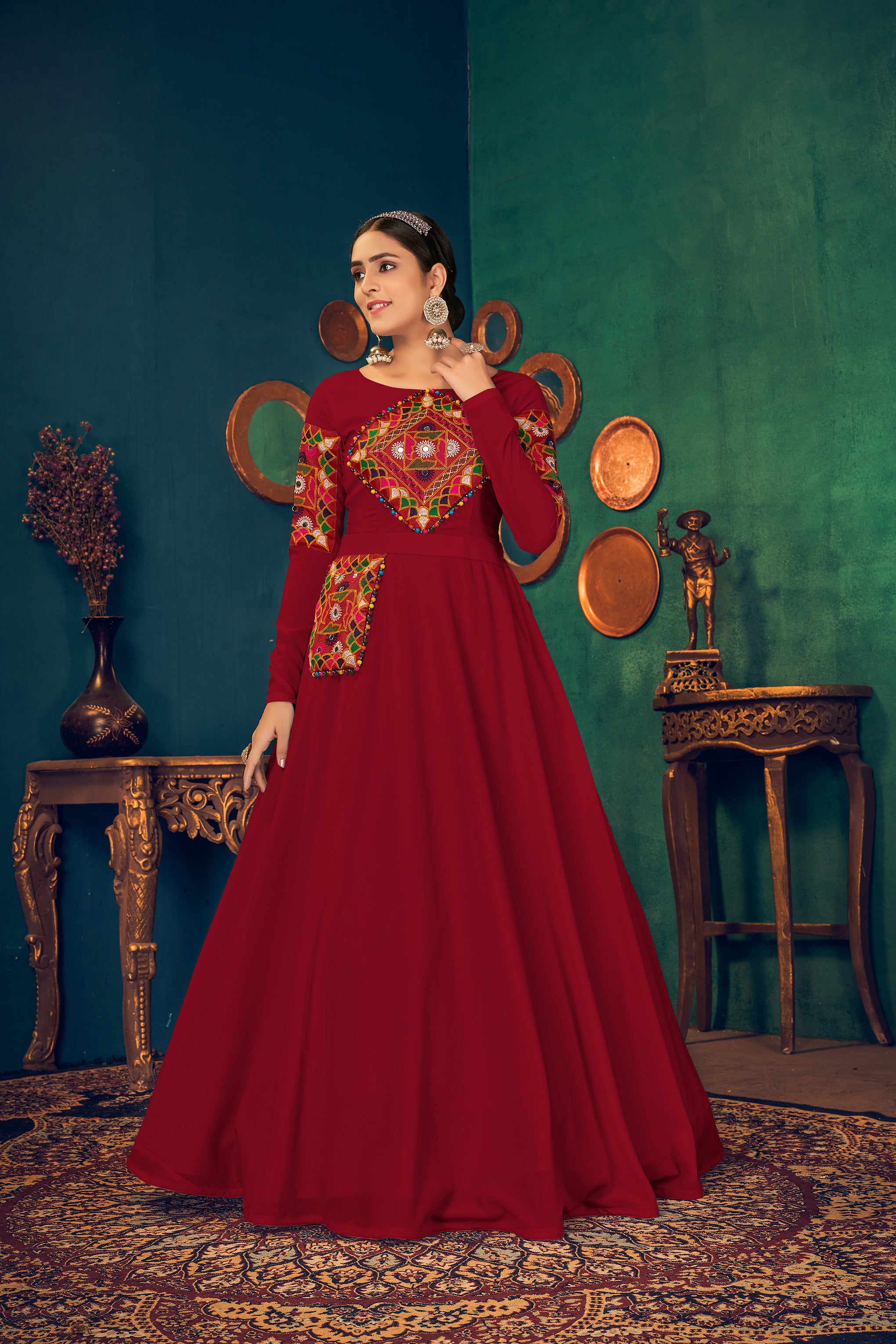 Red Embroidered Georgette Evening Long Gown Semi Stitched ClothsVilla