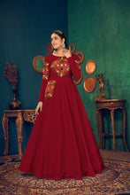 Load image into Gallery viewer, Red Embroidered Georgette Evening Long Gown Semi Stitched ClothsVilla