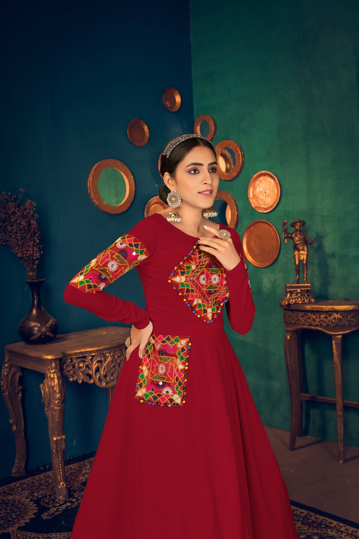Red Embroidered Georgette Evening Long Gown Semi Stitched ClothsVilla