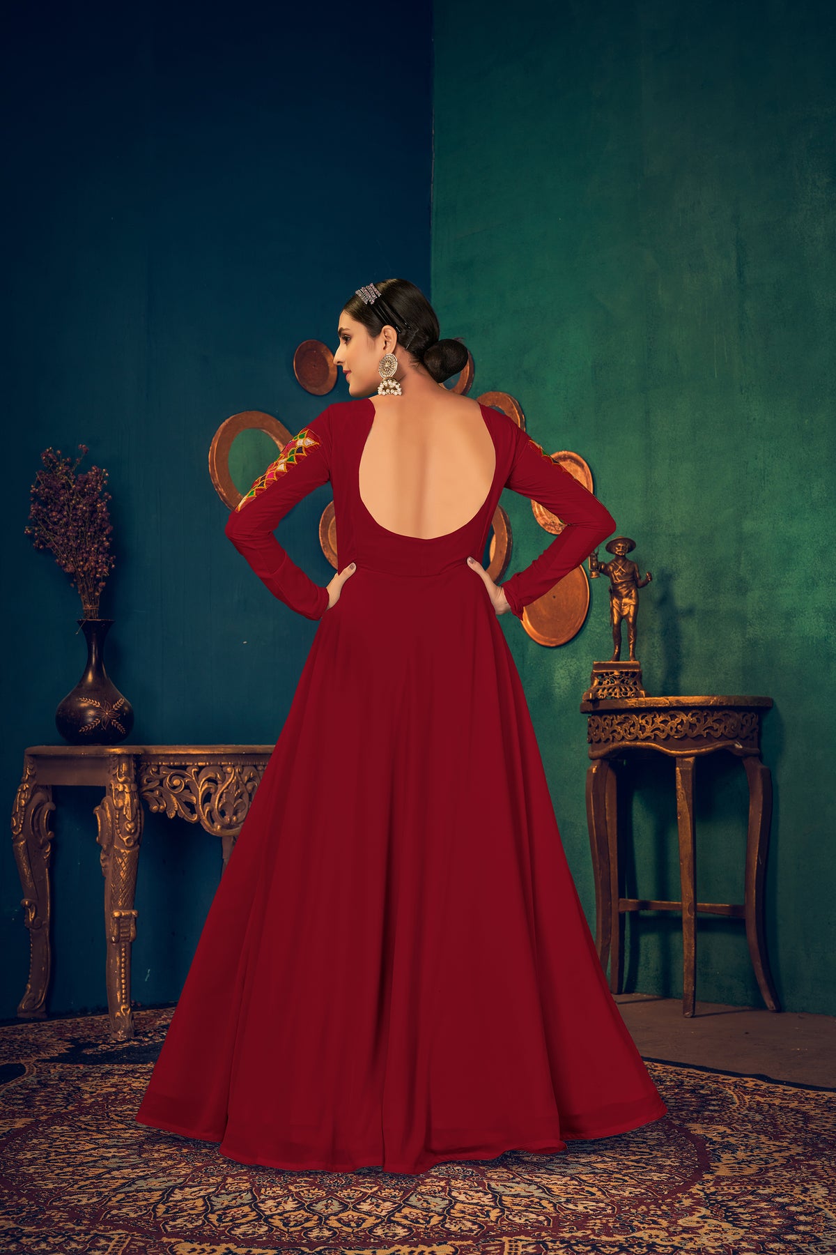 Red Embroidered Georgette Evening Long Gown Semi Stitched ClothsVilla