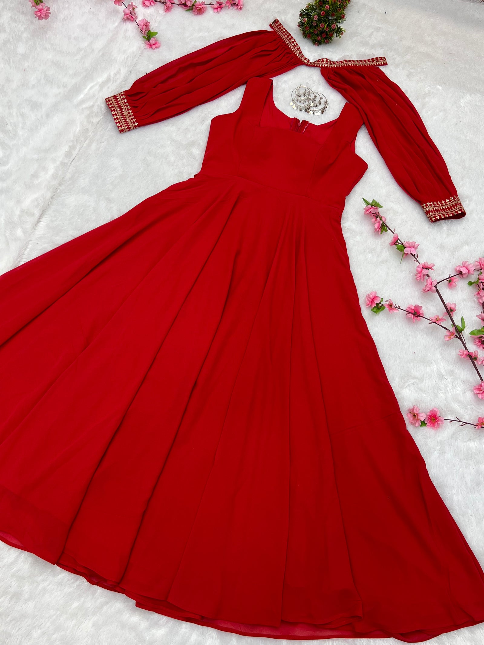 Red Faux Georgette Fancy Sleeves Gown ClothsVilla