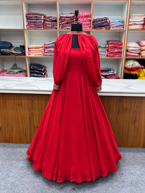 Red Faux Georgette Fancy Sleeves Gown ClothsVilla Main image