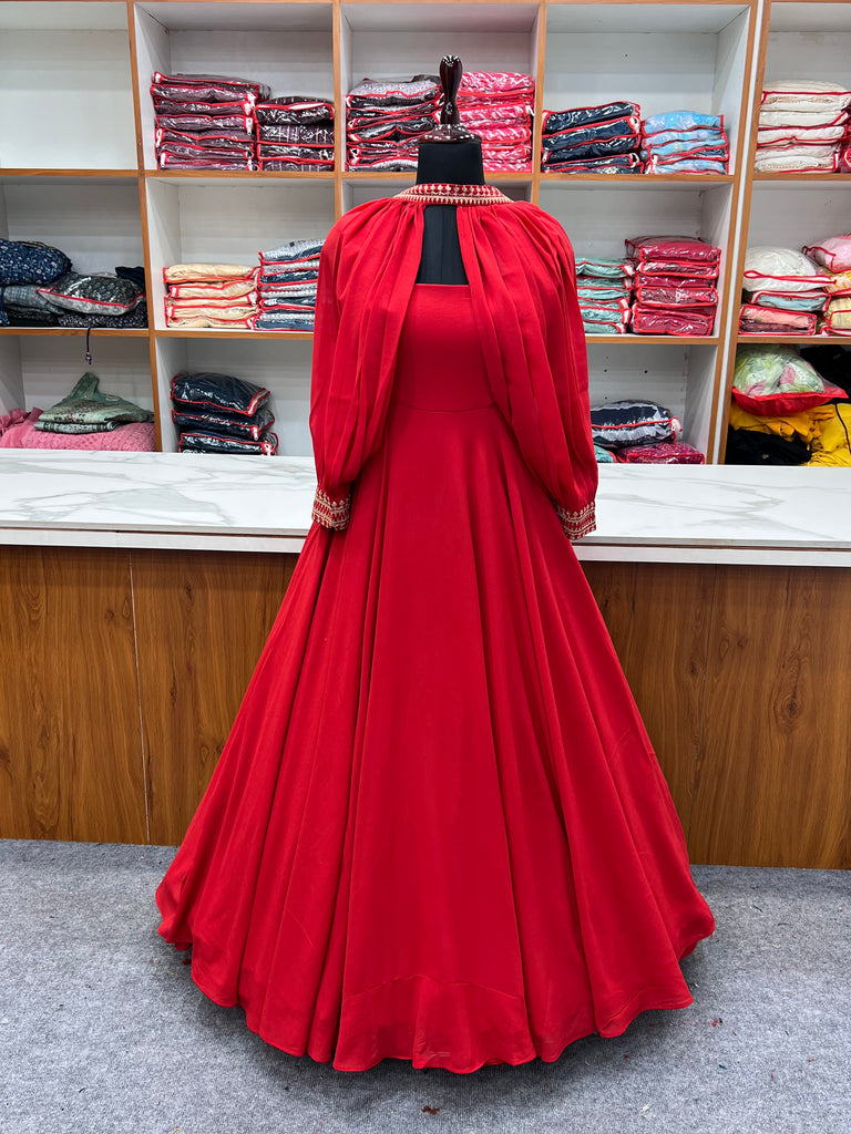 Red Faux Georgette Fancy Sleeves Gown ClothsVilla