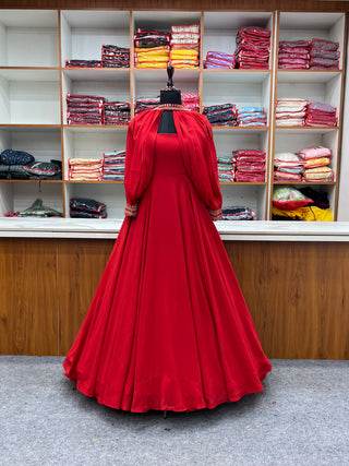 Red Faux Georgette Fancy Sleeves Gown ClothsVilla