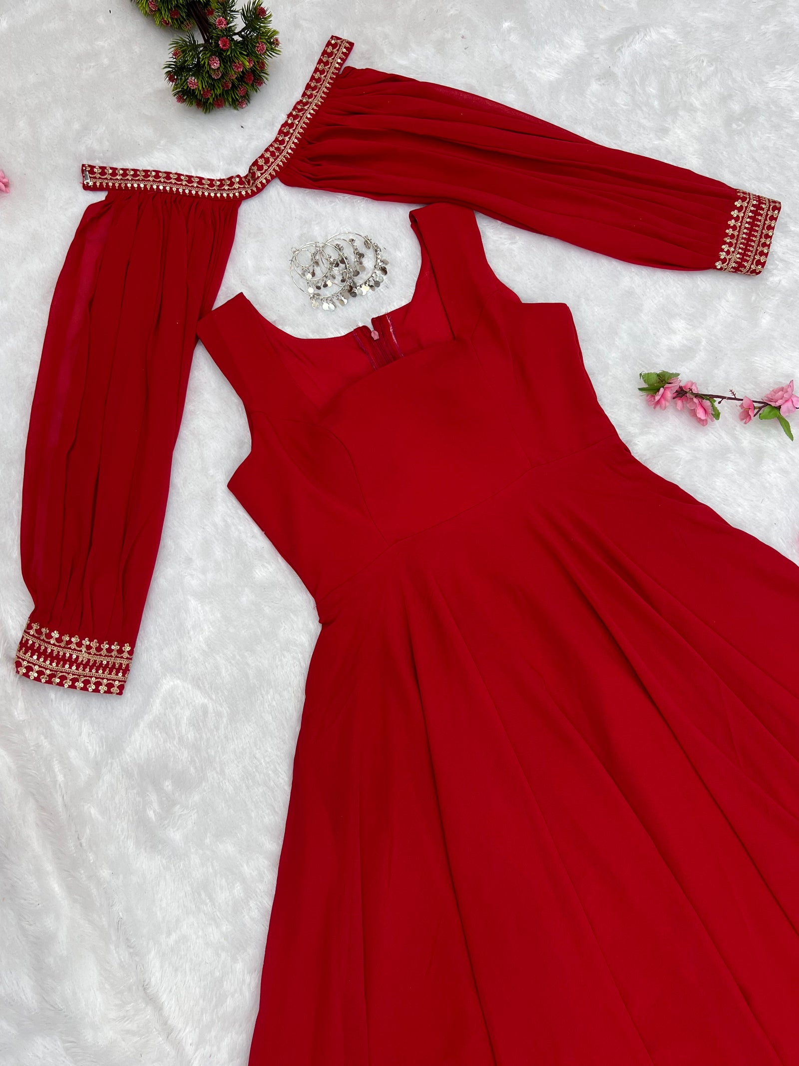 Red Faux Georgette Fancy Sleeves Gown ClothsVilla