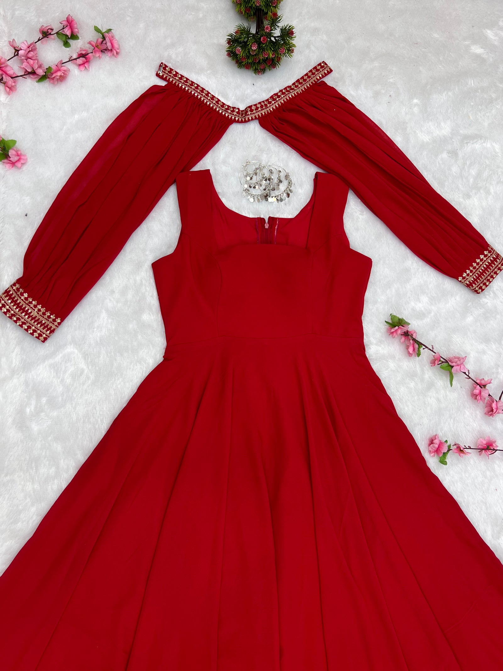Red Faux Georgette Fancy Sleeves Gown ClothsVilla