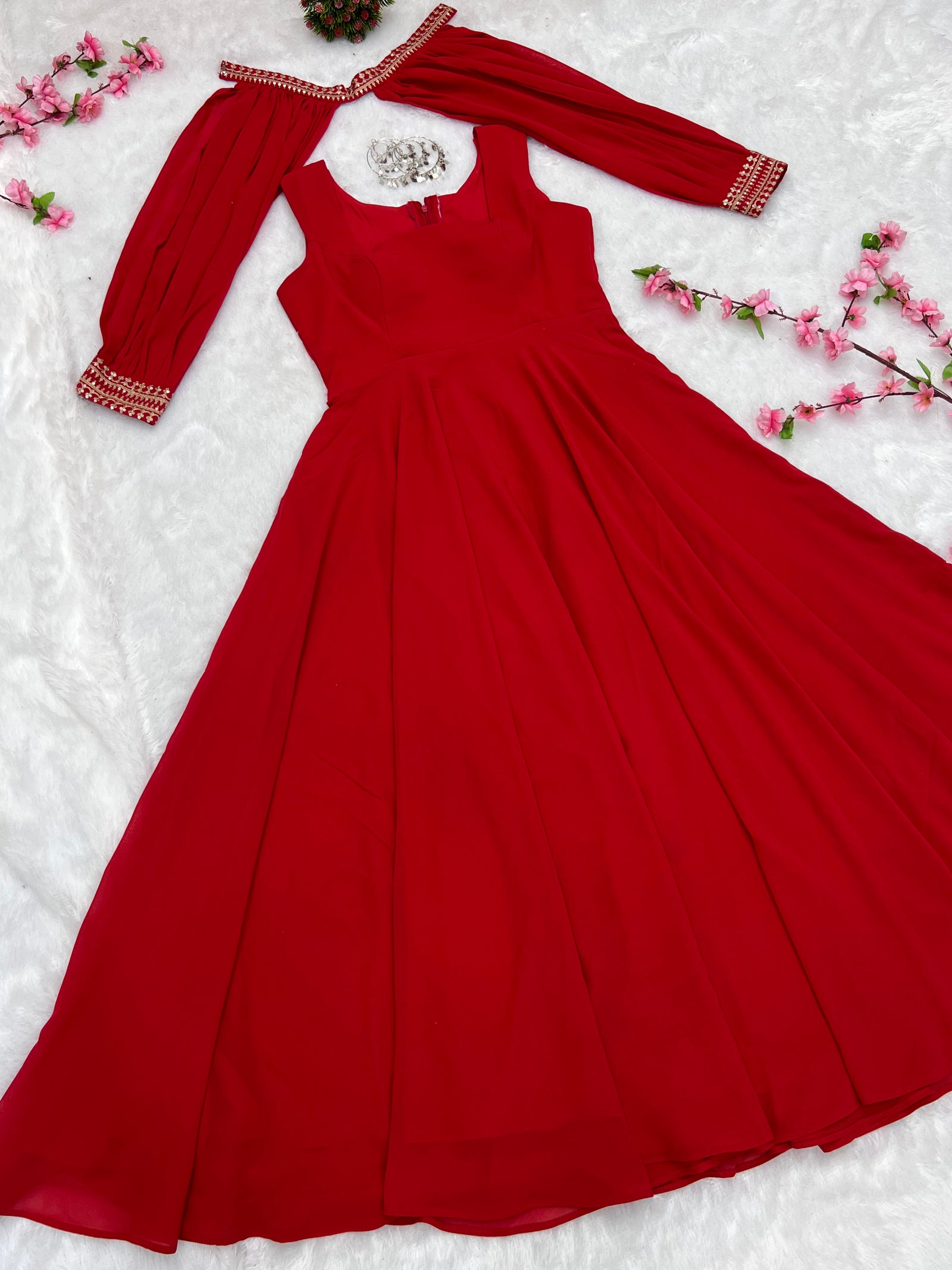Red Faux Georgette Fancy Sleeves Gown ClothsVilla