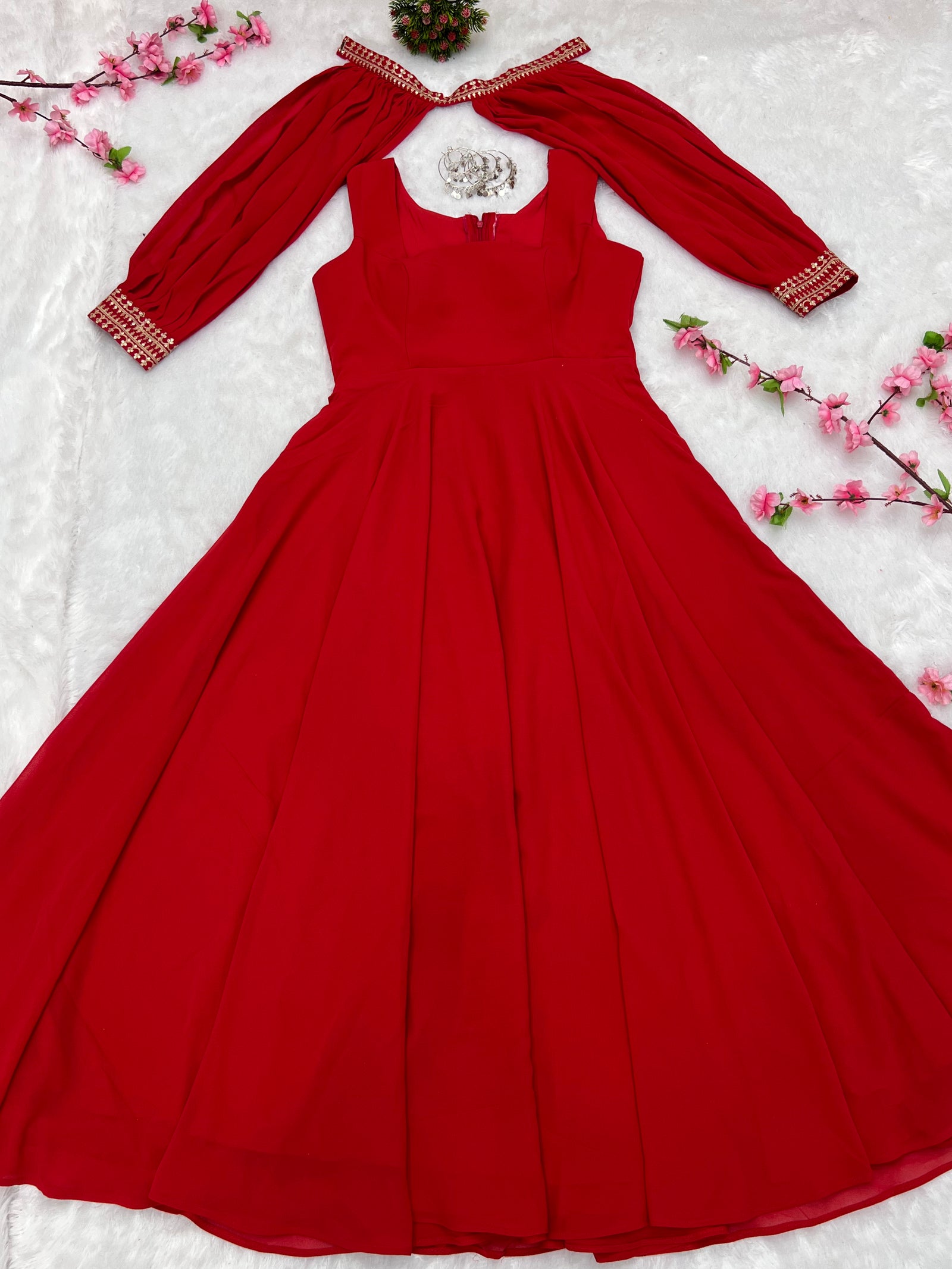 Red Faux Georgette Fancy Sleeves Gown ClothsVilla