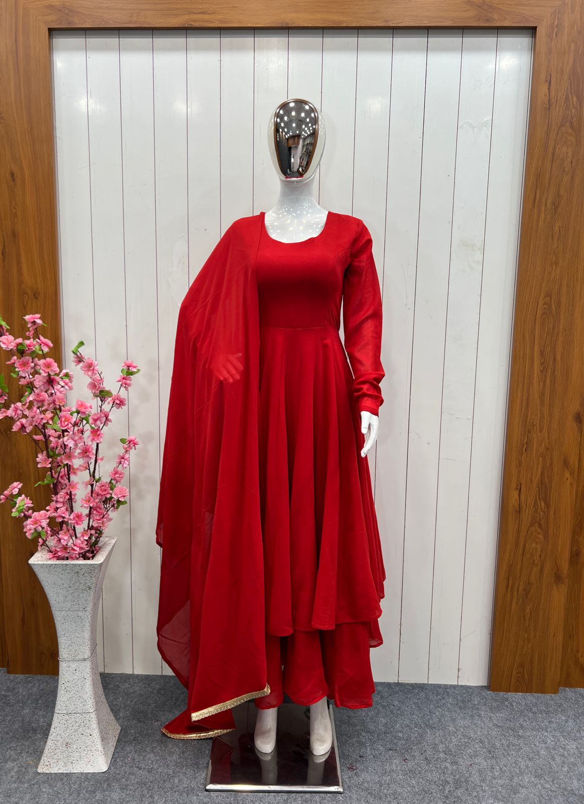 Red Faux Georgette Plain Gown With Dupatta Clothsvilla