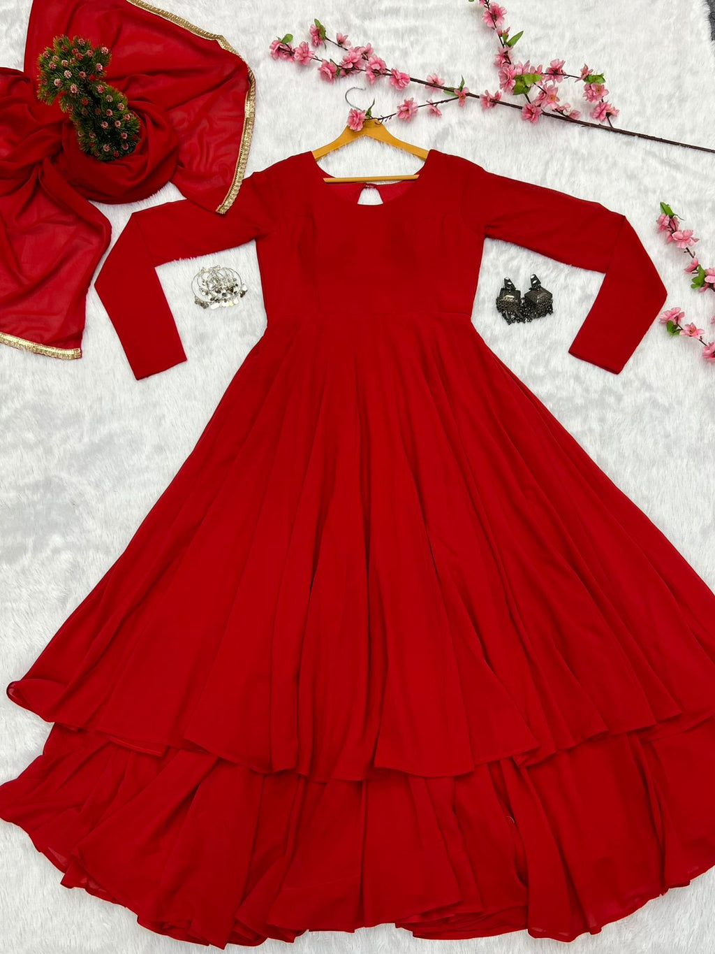Red Faux Georgette Plain Gown With Dupatta Clothsvilla