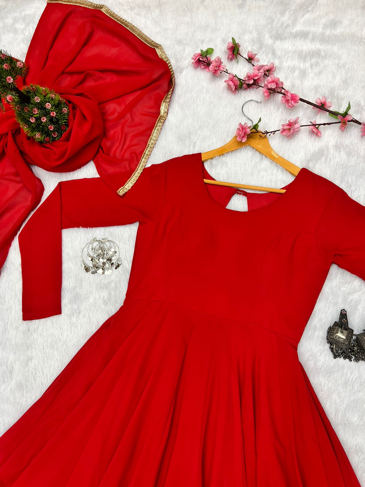 Red Faux Georgette Plain Gown With Dupatta Clothsvilla