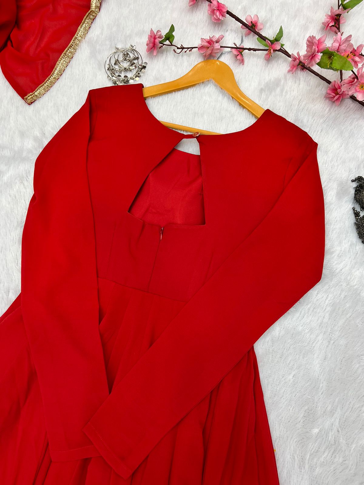 Red Faux Georgette Plain Gown With Dupatta Clothsvilla