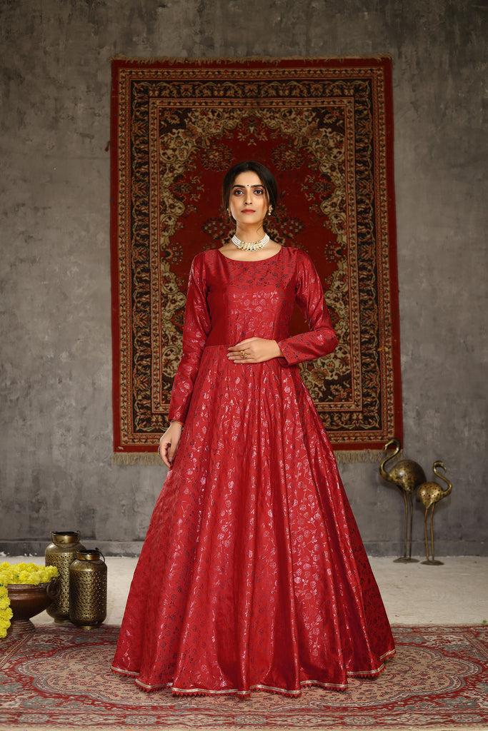 Red Foilage Print Taffeta Silk Party Wear Gown Semi Stitched