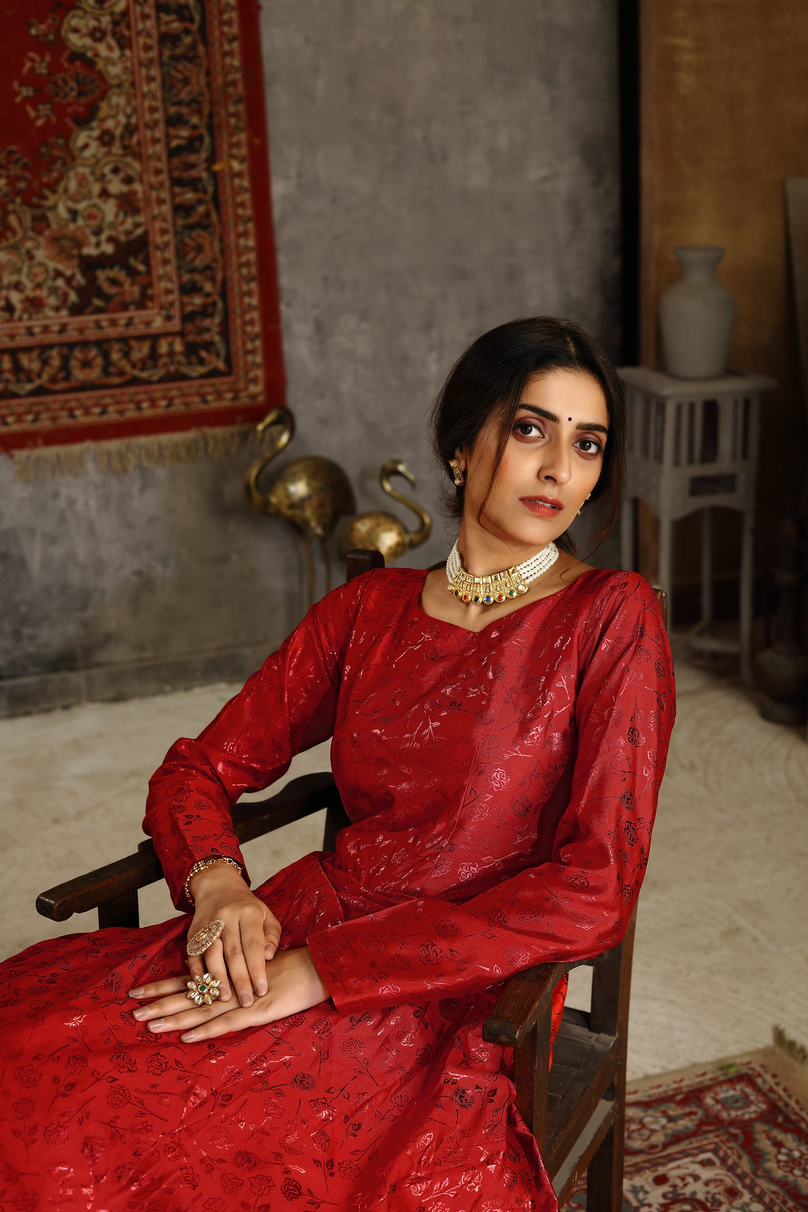 Red Foilage Print Taffeta Silk Party Wear Gown Semi Stitched ClothsVilla