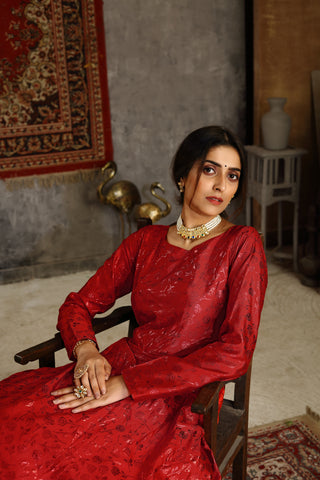 Red Foilage Print Taffeta Silk Party Wear Gown Semi Stitched ClothsVilla