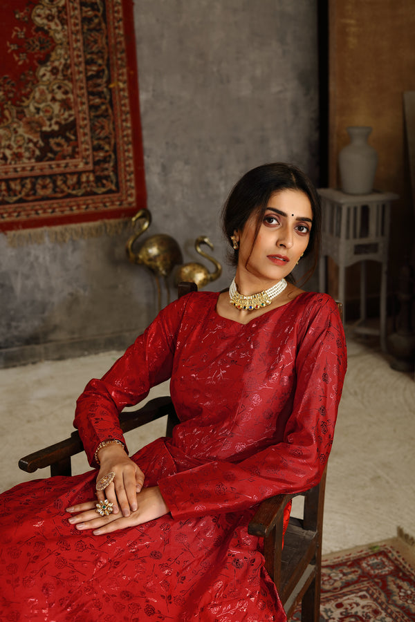 Red Foilage Print Taffeta Silk Party Wear Gown Semi Stitched ClothsVilla