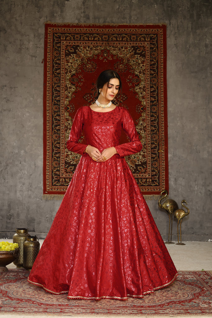 Red Foilage Print Taffeta Silk Party Wear Gown Semi Stitched ClothsVilla