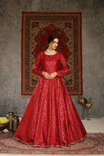 Load image into Gallery viewer, Red Foilage Print Taffeta Silk Party Wear Gown Semi Stitched ClothsVilla