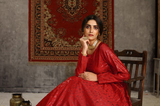 Red Foilage Print Taffeta Silk Party Wear Gown Semi Stitched ClothsVilla
