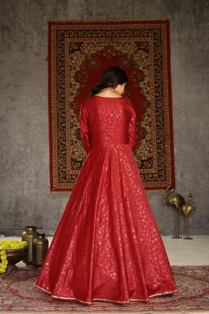 Red Foilage Print Taffeta Silk Party Wear Gown Semi Stitched ClothsVilla