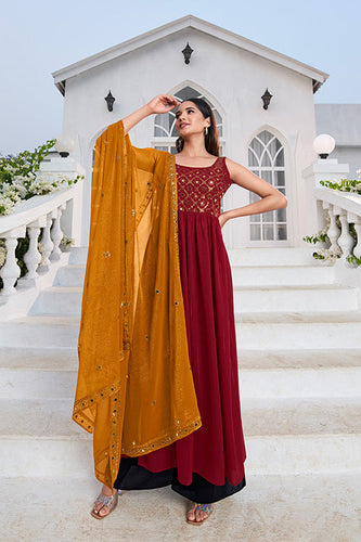 Red Georgette Embroidered Work Kurta Palazzo Dupatta Set ClothsVilla.com