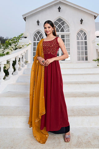 Red Georgette Embroidered Work Kurta Palazzo Dupatta Set ClothsVilla.com