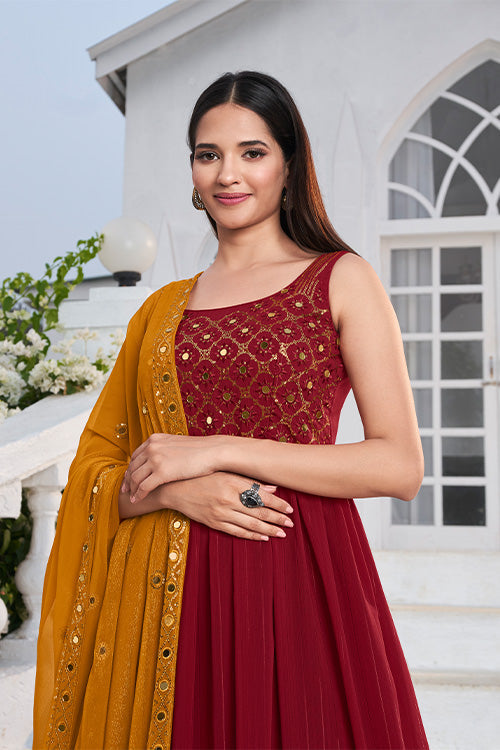 Red Georgette Embroidered Work Kurta Palazzo Dupatta Set ClothsVilla.com