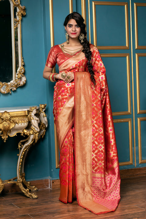 Red Golden Weaving Banarasi Silk Bridal Wear Saree ClothsVilla Main image