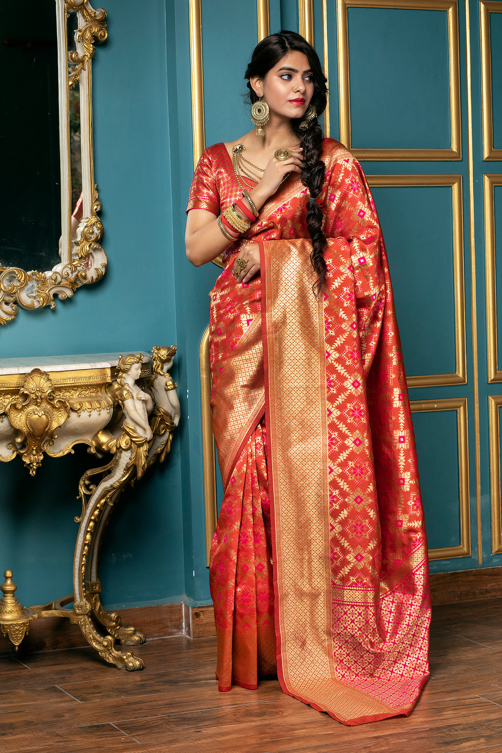 Red Golden Weaving Banarasi Silk Bridal Wear Saree ClothsVilla