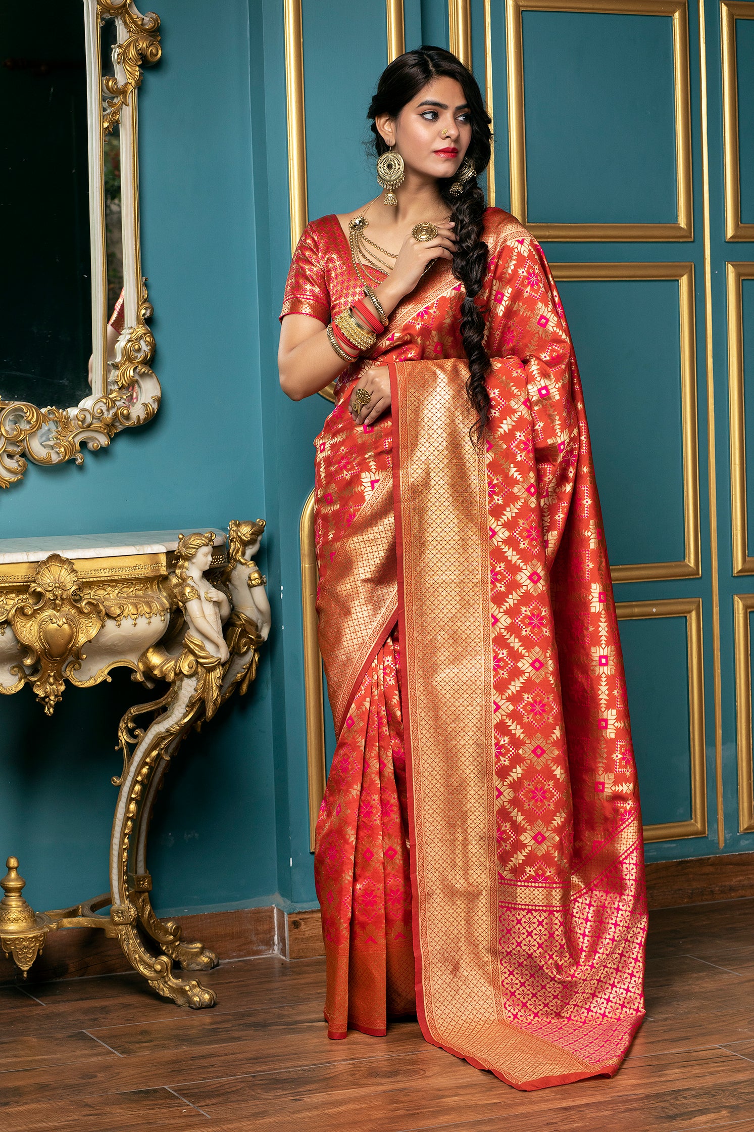 Red Golden Weaving Banarasi Silk Bridal Wear Saree ClothsVilla